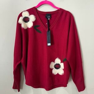 Aaeda Red V-Neck Sweater 3D Flower Appliqué Dolman Sleeve Knit Top Women L New